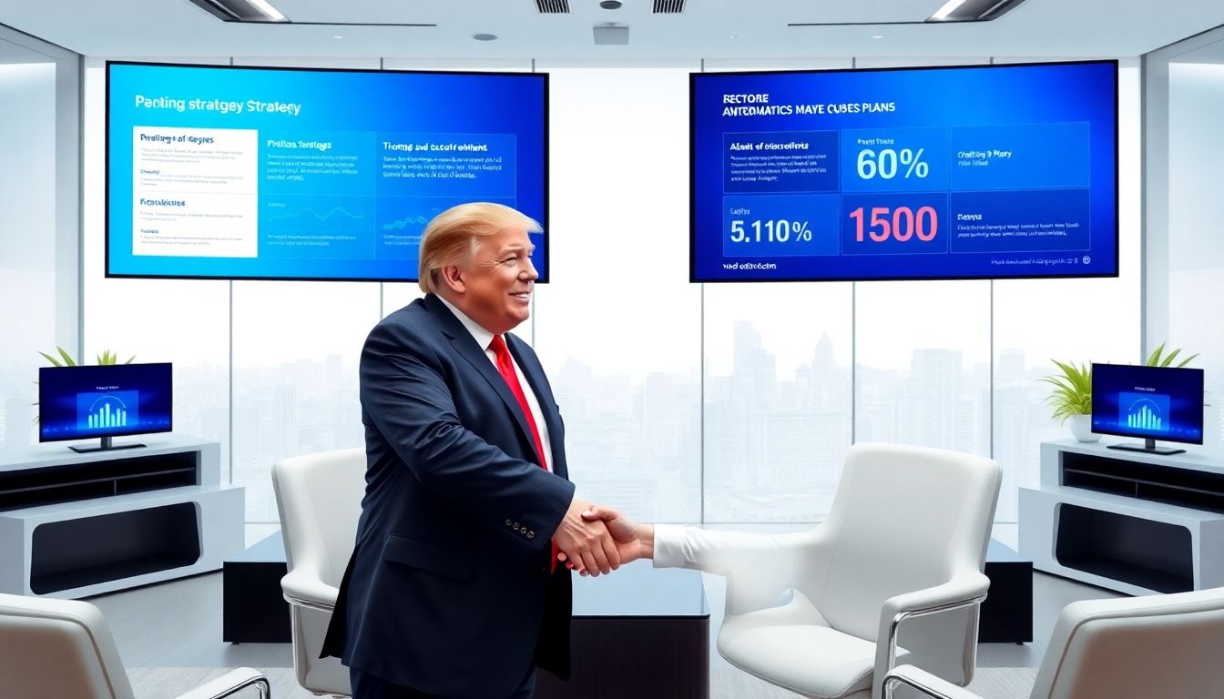 A visual representation of Trump and Musk shaking hands in a modern, sleek office setting, with digital screens displaying political strategies and economic plans.