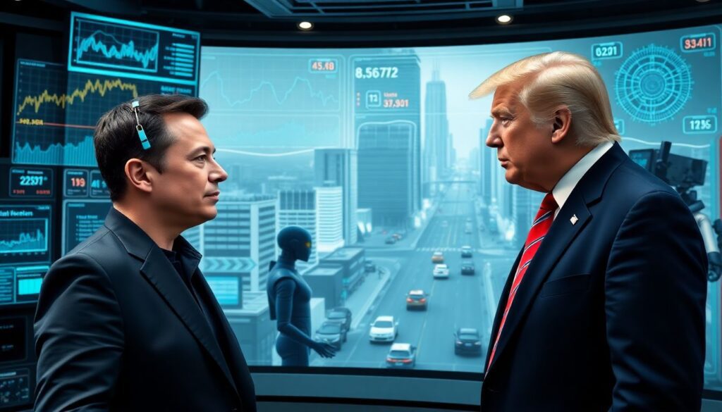 Create an image of Elon Musk and Donald Trump standing side by side in a futuristic, high-tech control room, with holographic displays showing graphs, charts, and AI-generated predictions. In the background, a glimpse of a bustling cityscape with flying cars and robotic figures patrolling the streets.