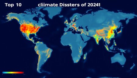 Generate an image of a global map highlighting the locations of the top 10 climate disasters of 2024, with icons representing different types of disasters such as hurricanes, typhoons, storms, and floods. Include a heat map overlay to show the intensity of the disasters in affected regions.