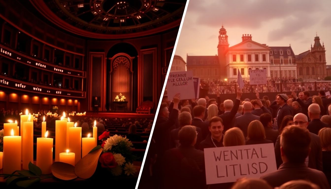 Create an image showing a somber scene at a concert hall with candles and flowers, symbolizing mourning, alongside a depiction of political unrest with protesters and signs.