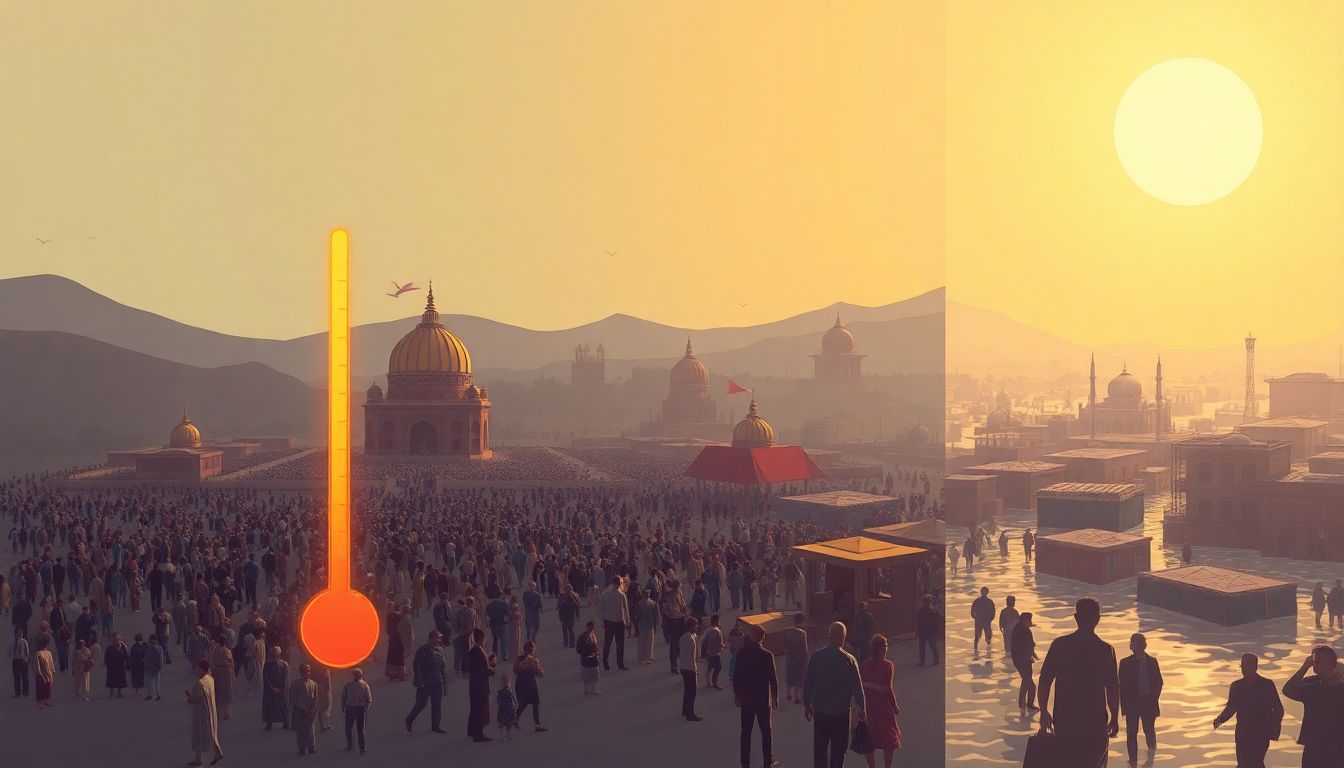 Illustrate a scene of extreme heat with a thermometer showing high temperatures, a crowded pilgrimage site under intense sun, and a flooded urban area with people seeking shelter.