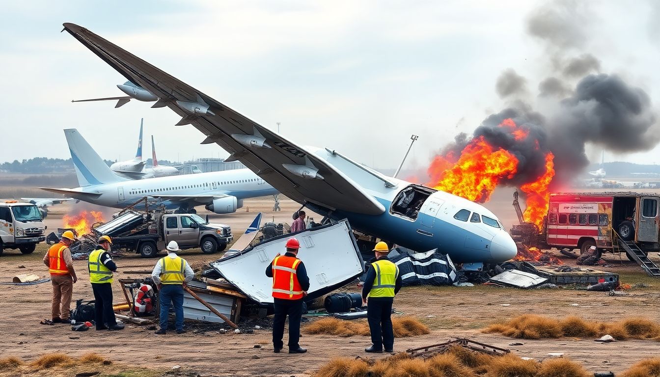 Create an image of various airplane crash sites with emergency responders and investigators, highlighting the importance of aviation safety.