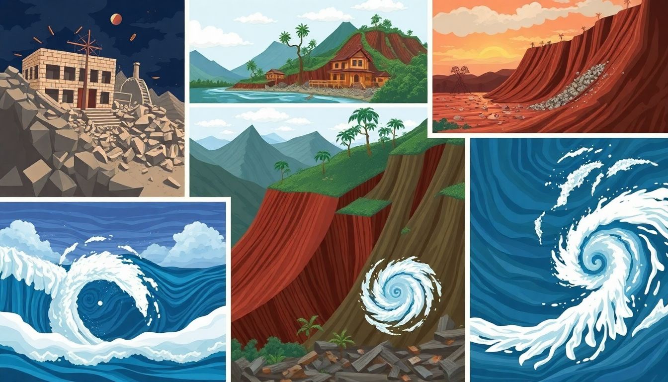 Illustrate a montage of natural disaster scenes, including earthquake damage, landslides, hurricanes, and typhoons, emphasizing the destructive power of nature.