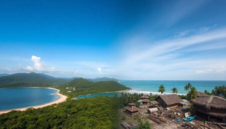 Create an image of the Philippines' landscape with a mix of serene beaches and lush forests, juxtaposed with scenes of typhoon devastation and community resilience, highlighting the contrast between natural beauty and climate-induced destruction.