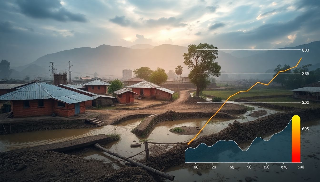 Create an image of a community in Nepal implementing flood-resilient infrastructure, with a backdrop of changing weather patterns and a graph showing rising global temperatures.