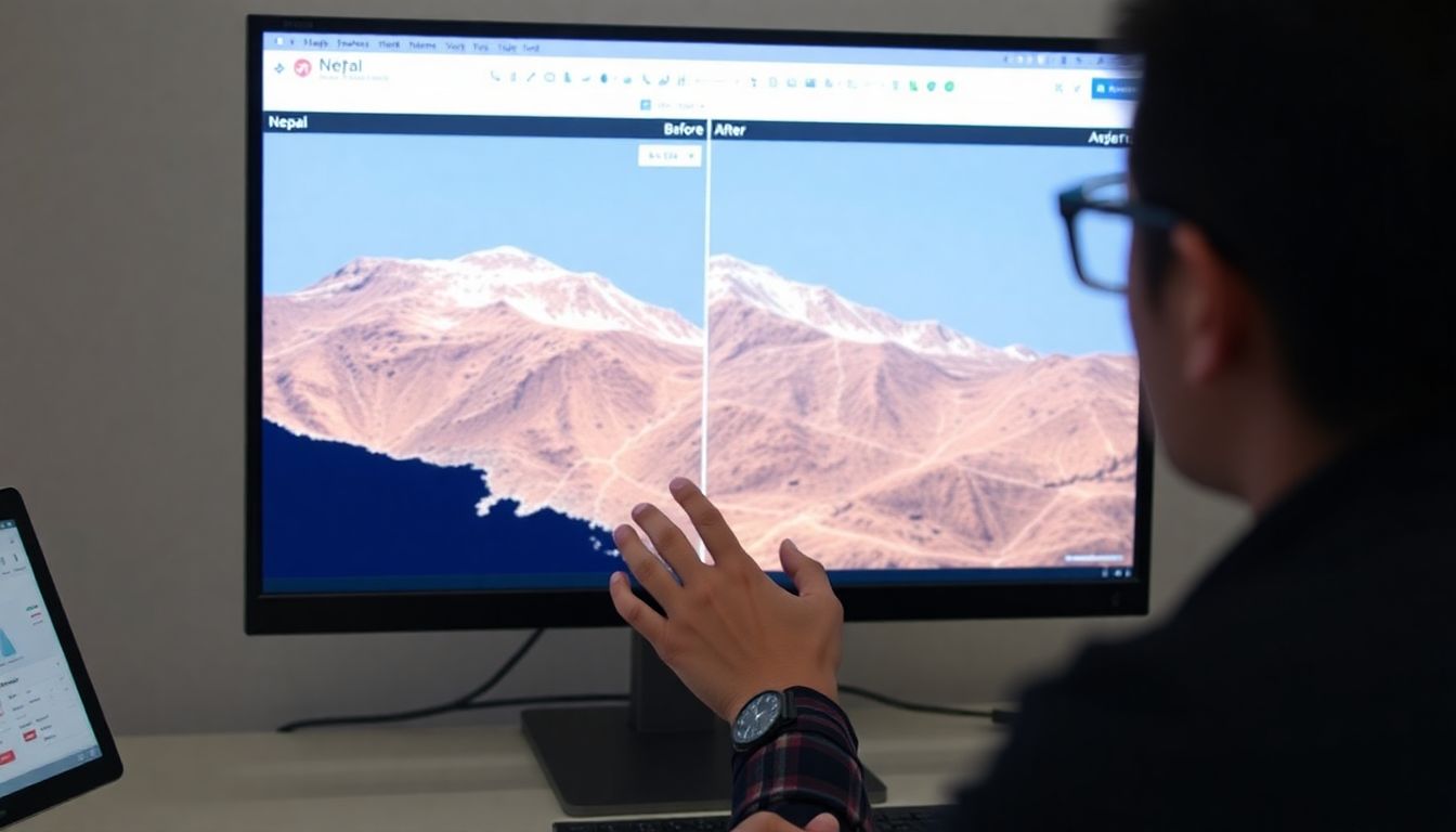 Create an image of a researcher analyzing digital surface models on a computer screen, with satellite imagery of Nepal's landscape before and after the flood.