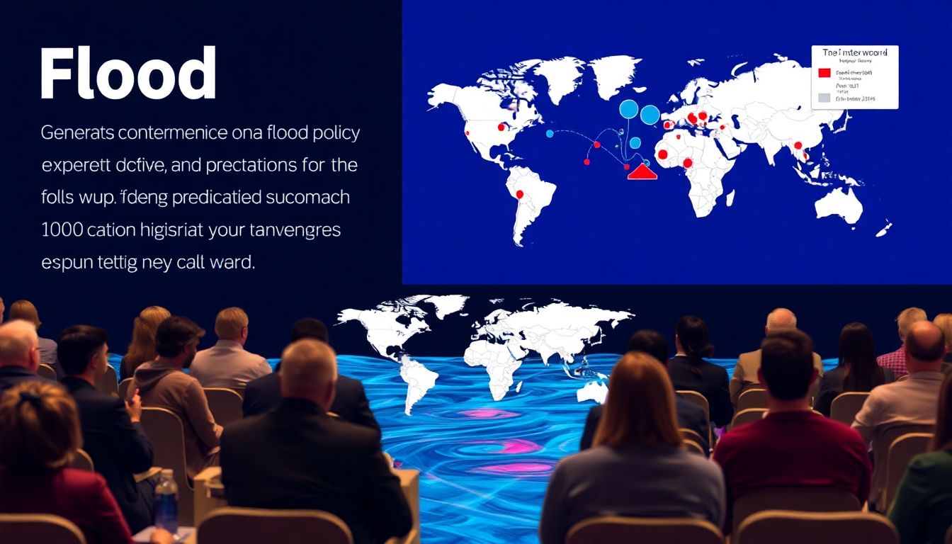 Generate an image of a international conference on flood policy, with experts discussing strategies for prediction and mitigation, and a world map highlighting high-risk areas.