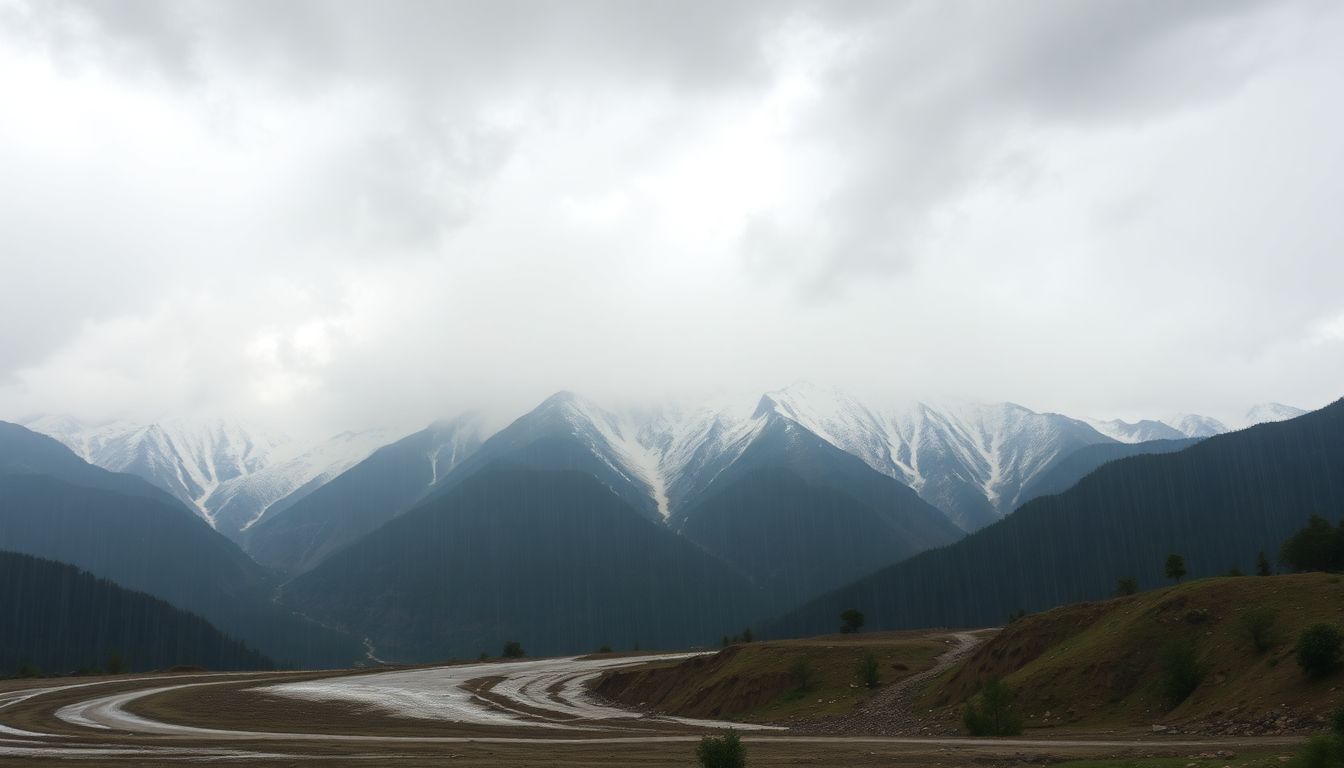 Generate an image of a intense rainstorm over Nepal's mountainous terrain, with melting snow and mudslides visible in the foreground.