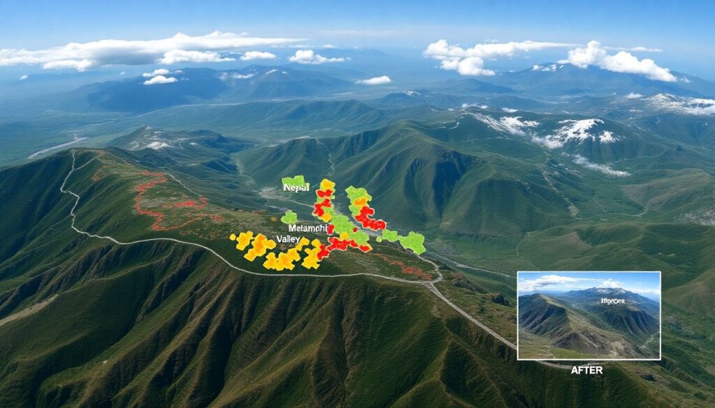 Create an image of a satellite view of Nepal's Melamchi Valley, highlighting the areas affected by the 2021 floods, with insets showing before and after images of the landscape.