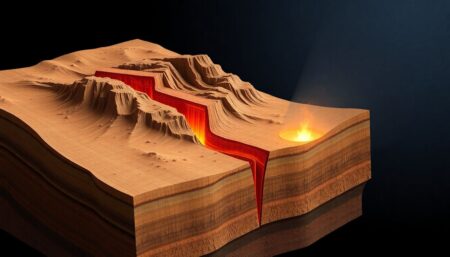 Create an image of a complex fault system with multiple fracture units, showing the progression of a small rupture into a larger earthquake, with seismic waves radiating outwards.