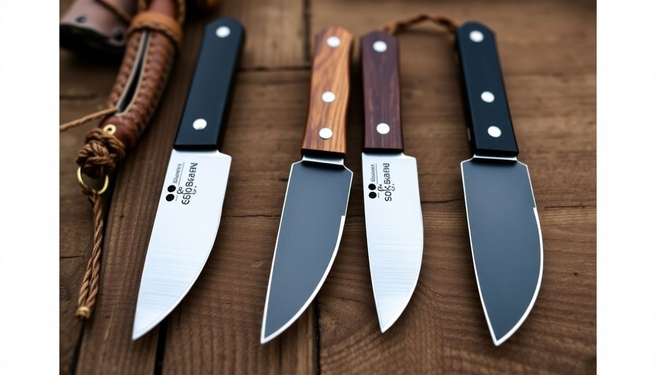 Create an image showcasing the three Bear & Son knives mentioned, with labels and a rustic, outdoorsy background.