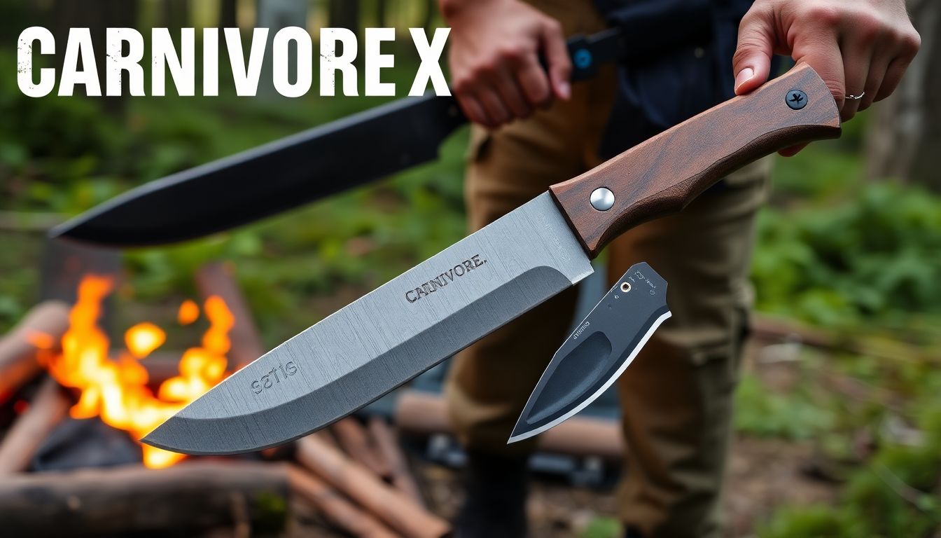 Design an image featuring the Carnivore X machete and Swedge utility knife in action, with a camping or survival scenario in the background.