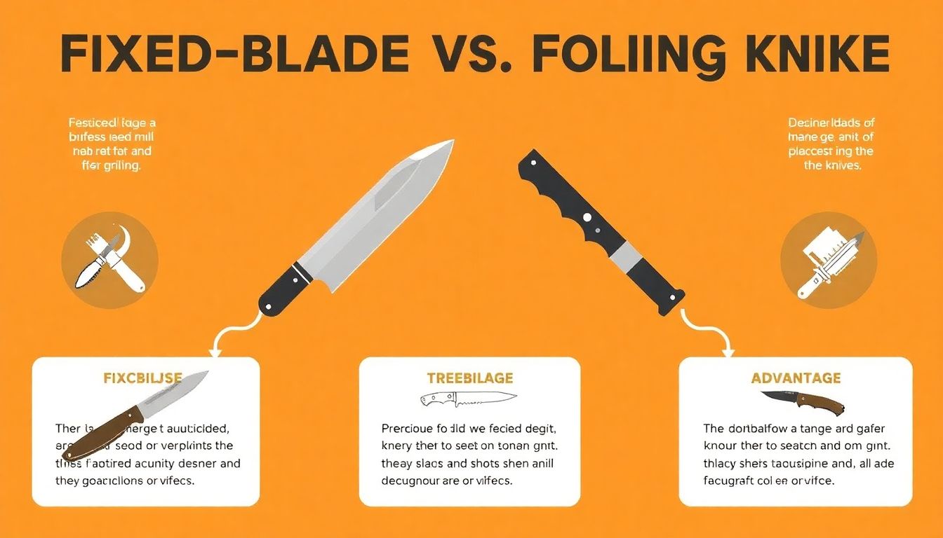 Design an infographic comparing fixed-blade and folding knives, highlighting the advantages of fixed-blade knives with icons and brief descriptions.