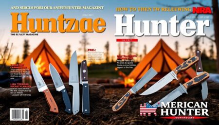 Create a detailed image of the front page of the magazine with the title and subtitle. Include several knives of different shapes and sizes, a camping setting in the background, and the NRA - American Hunter logo.