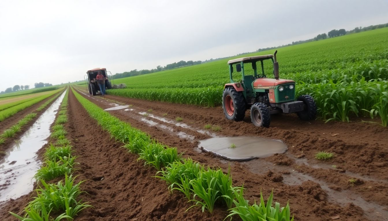 Generate an image of a farm field with signs of recent rain, such as puddles and moist soil, and a farmer working with a tractor in the background.