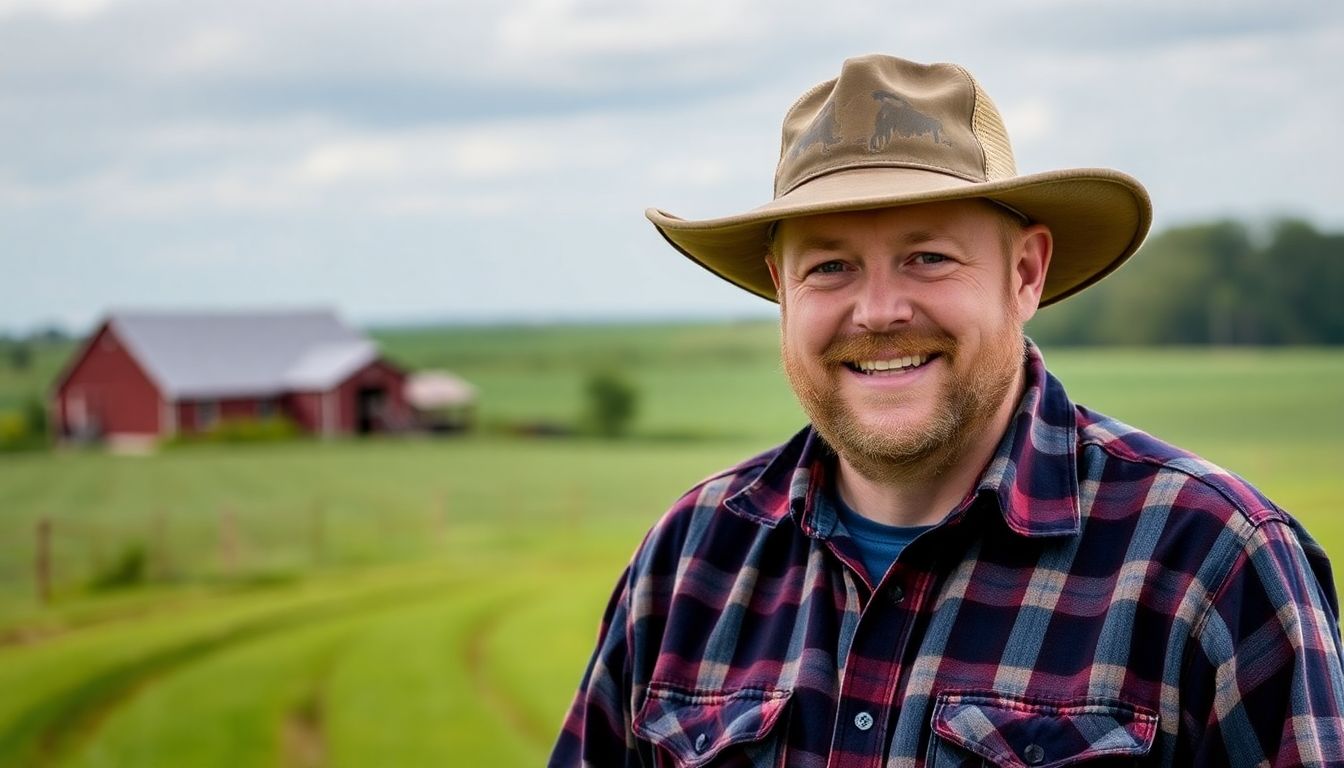 Create a portrait of Lance Muirhead, a Central Illinois farmer, with a backdrop of his farm in Macon County.