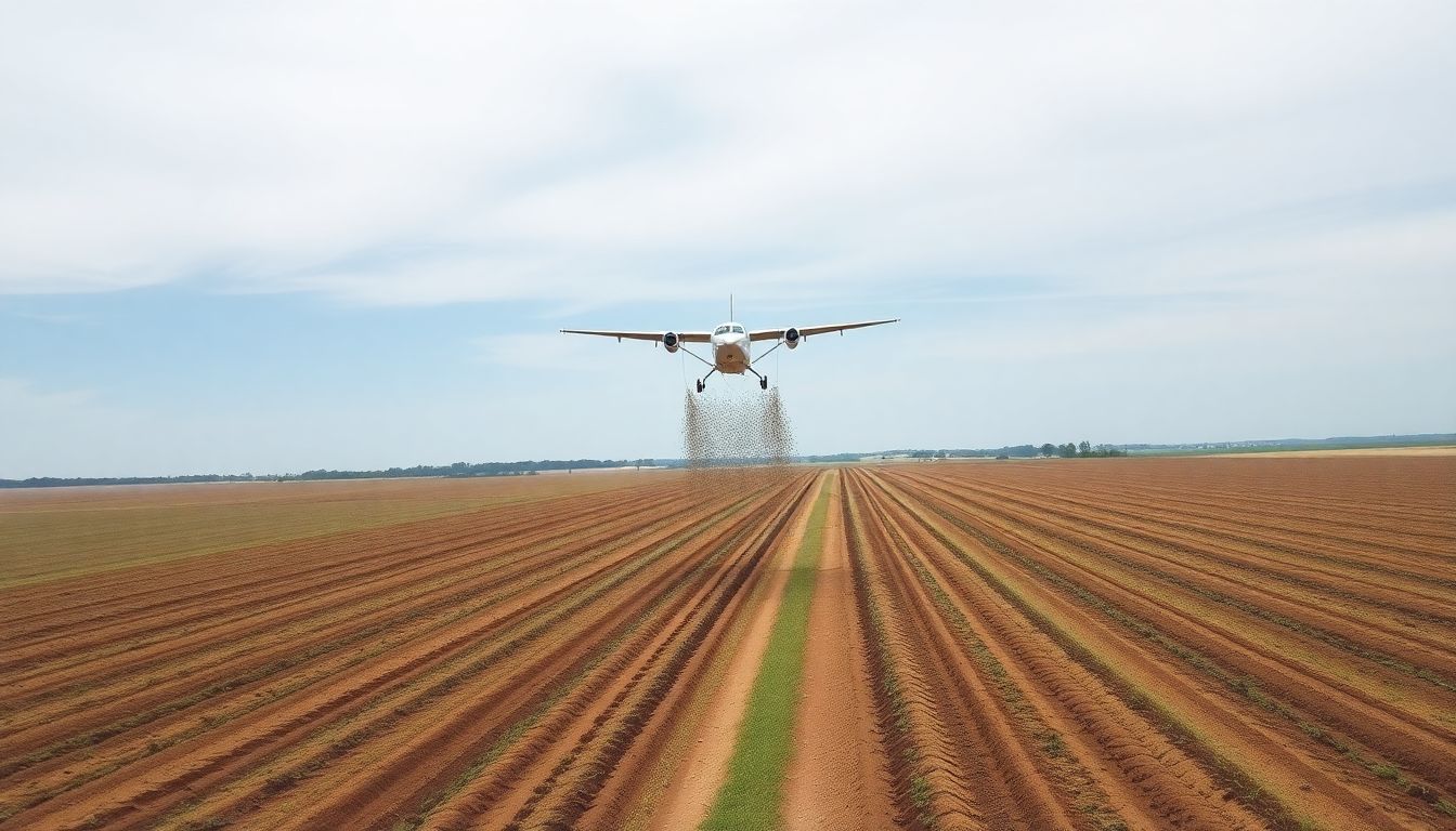 Create an image of a plane flying over a farm field, dropping cover crop seeds, with strips of tilled soil visible on the ground.