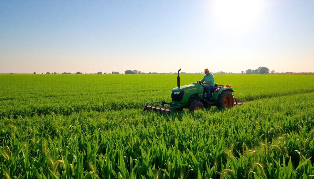 Generate an image of a farmer in Central Illinois working on his field with a tractor under a bright sunny sky, surrounded by green cover crops and wheat stands.