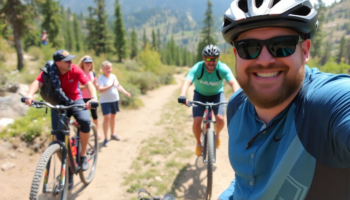 Randy Perkins enjoying a mountain biking adventure, with his family and friends cheering him on.