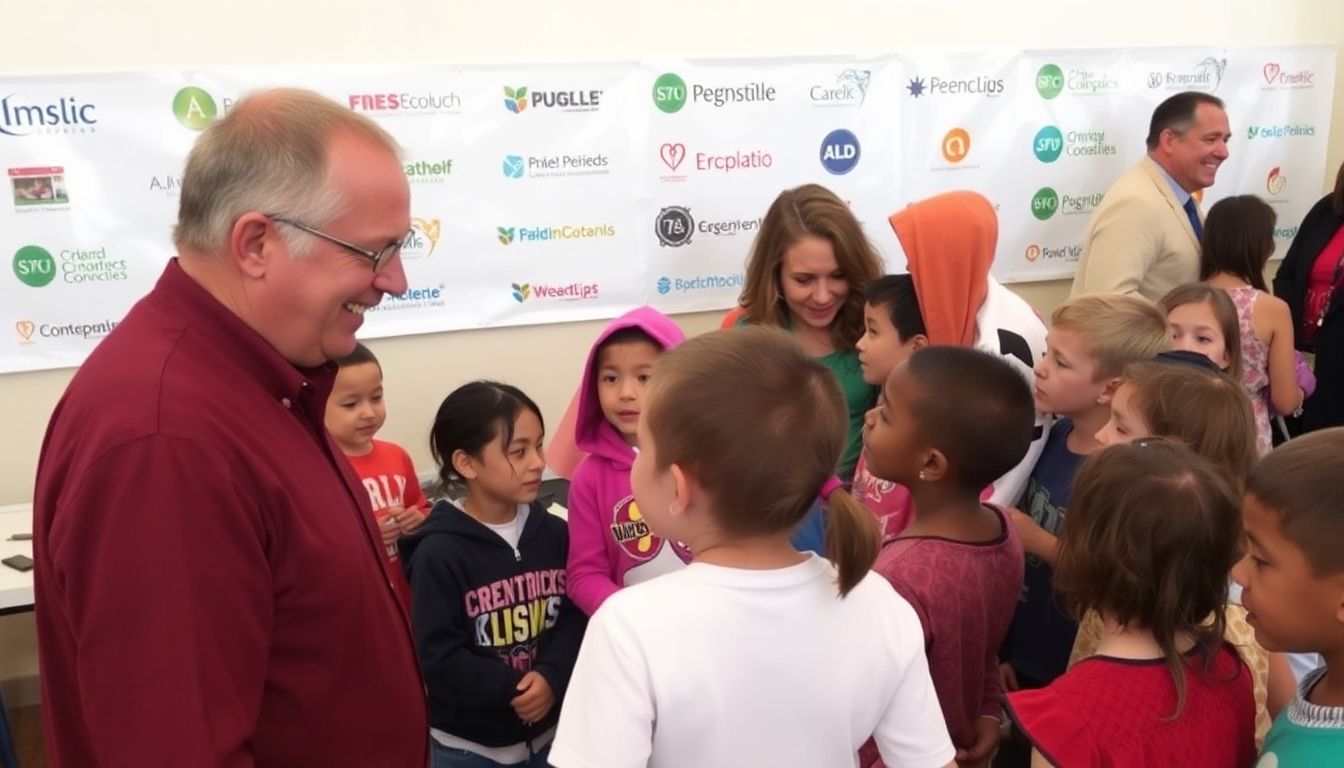 Randy Perkins interacting with children at a charity event, with a backdrop of the organizations he supported.