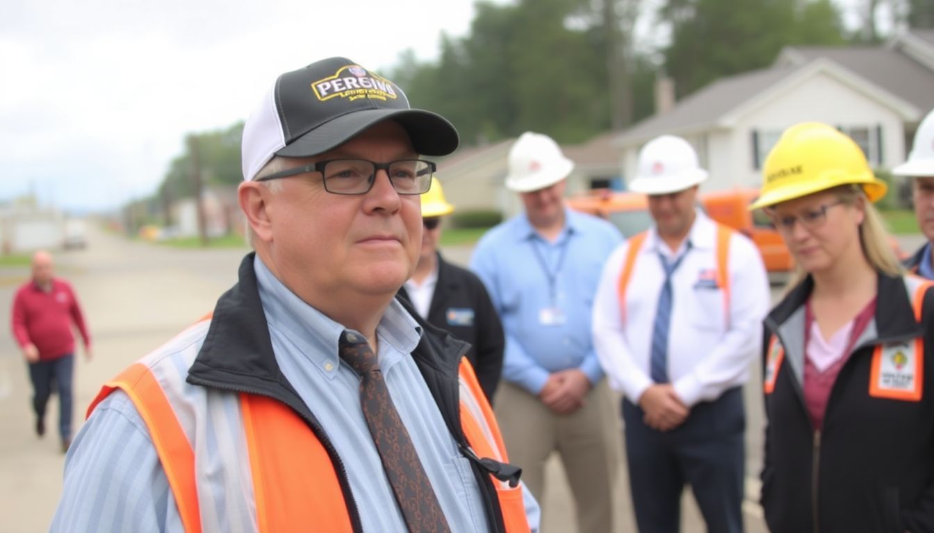 Randy Perkins overseeing disaster recovery efforts, with his team and affected communities in the background.