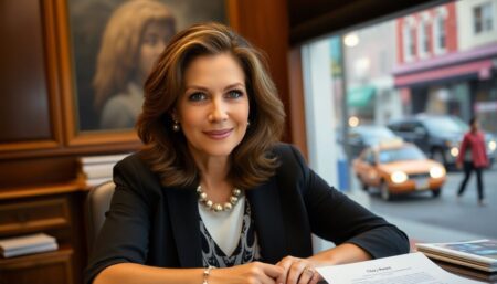 A captivating image of Hillary Ronen in a professional setting, perhaps at her desk in City Hall, with a backdrop of the Mission District's vibrant streets.