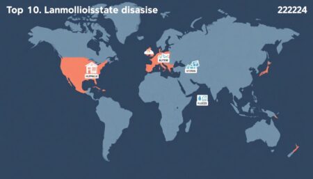 Generate an image of a global map highlighting the locations of the top 10 climate disasters of 2024, with icons representing different types of disasters such as hurricanes, typhoons, storms, and floods.