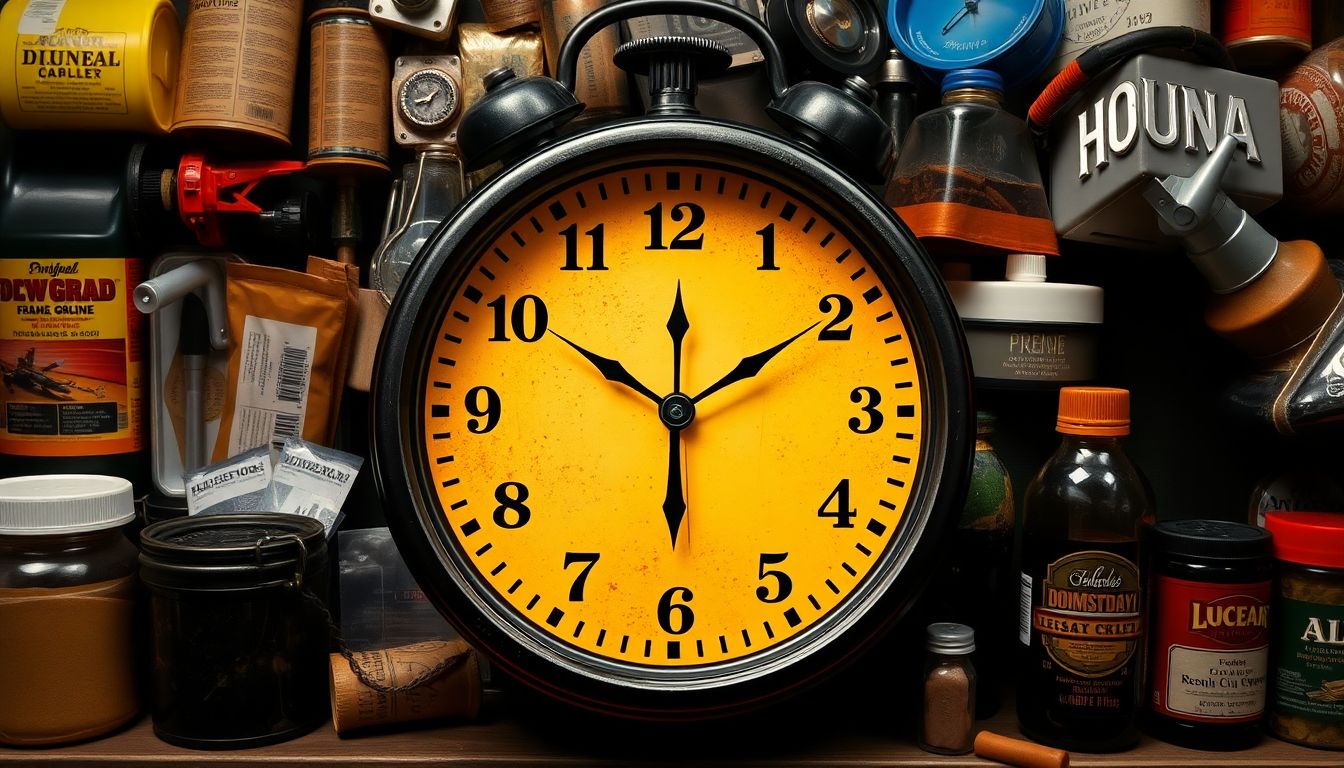 Create an image of the Doomsday Clock with a background of various prepping supplies.