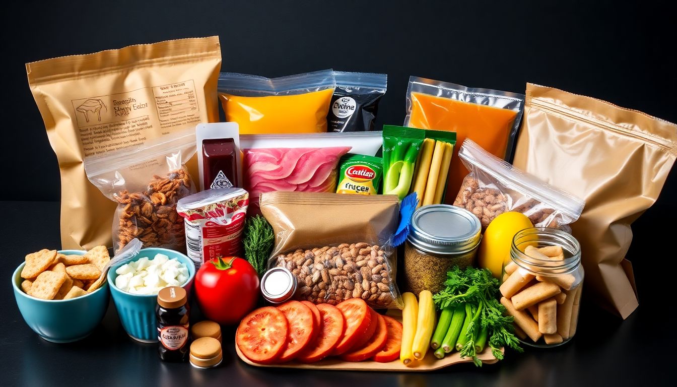 Create an image of a beautifully arranged emergency food kit, with a mix of practical and indulgent items.