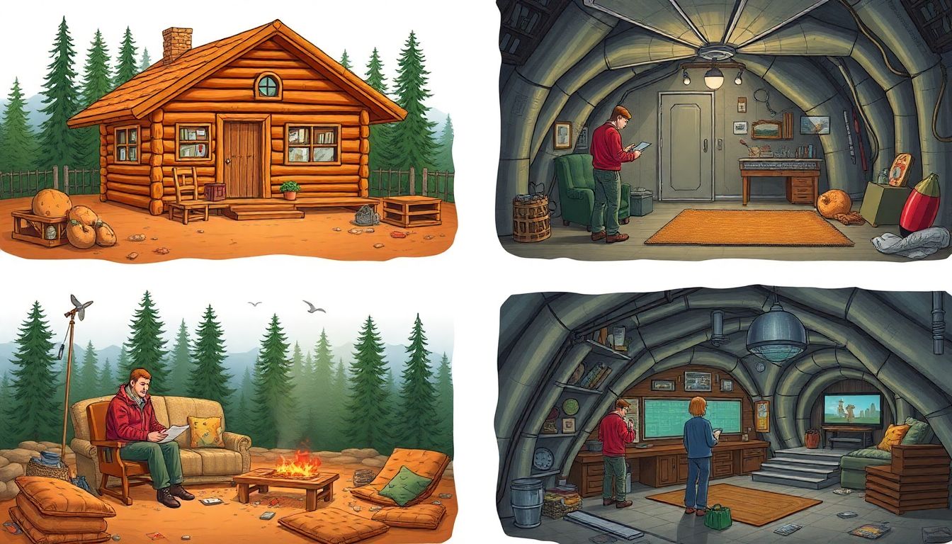 Illustrate a cross-section of preppers in their elements, from a homesteader's cozy cabin to a billionaire's high-tech bunker.