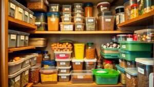 Create an image of a well-stocked prepper's pantry, filled with labeled Tupperware containers, emergency food kits, and a mix of practical and quirky items.