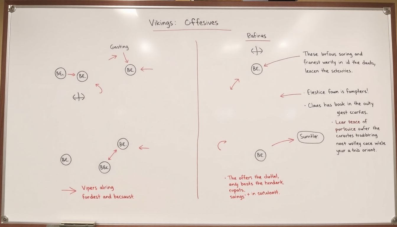 A tactical diagram on a whiteboard, showing the Vikings' offensive and defensive formations, with arrows and notes indicating strategic moves.