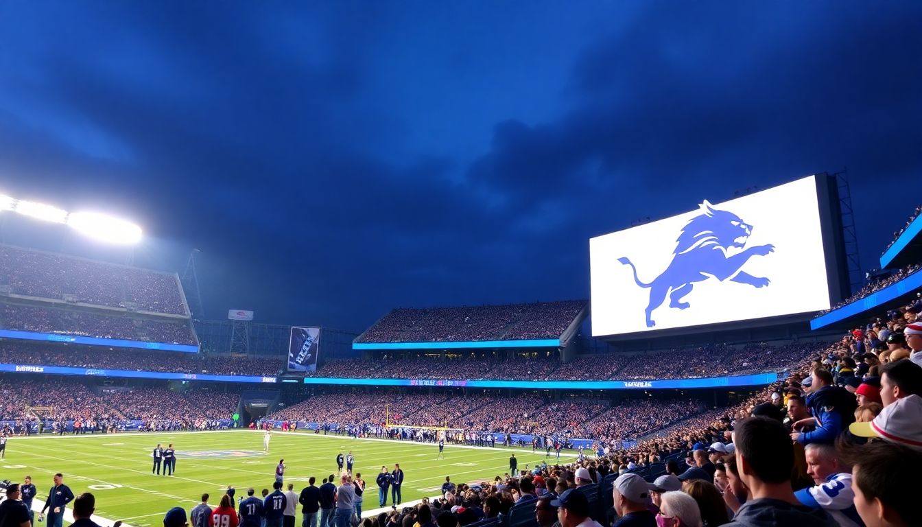 A vibrant image of Ford Field under the lights, filled with eager fans, with the Vikings and Lions logos prominently displayed on the scoreboard.