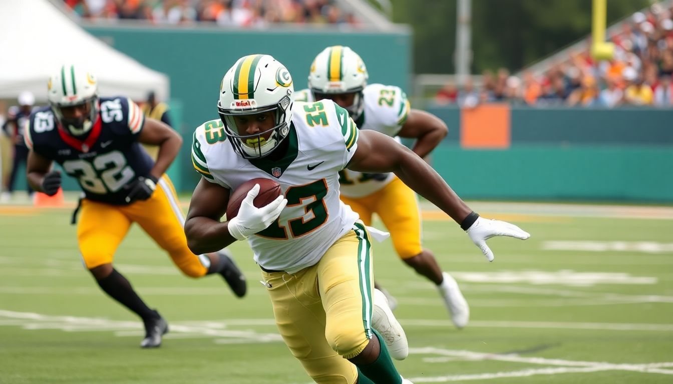 A dynamic action shot of Aaron Jones bursting through the defensive line, with Pat Jones in the background, ready to make a tackle.