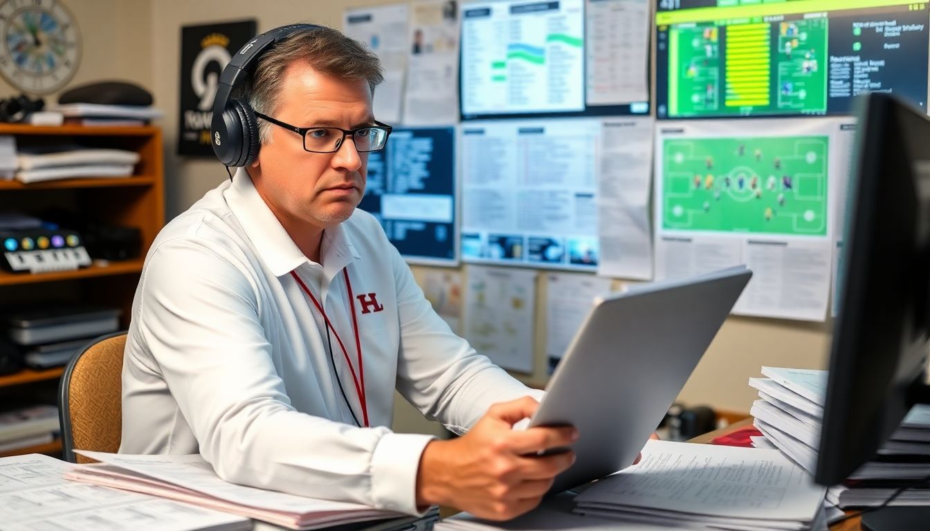 An image of a tense coach Kevin O’Connell studying game footage, with a determined expression, surrounded by charts and playbooks.