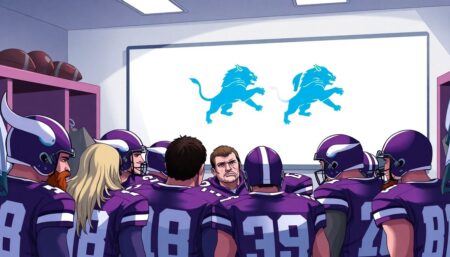 A vivid illustration of the Minnesota Vikings team huddled together, intensely discussing strategies in their locker room, with the Detroit Lions logo prominently displayed on a whiteboard in the background. The atmosphere should be serious yet hopeful, reflecting the high stakes of the upcoming game.