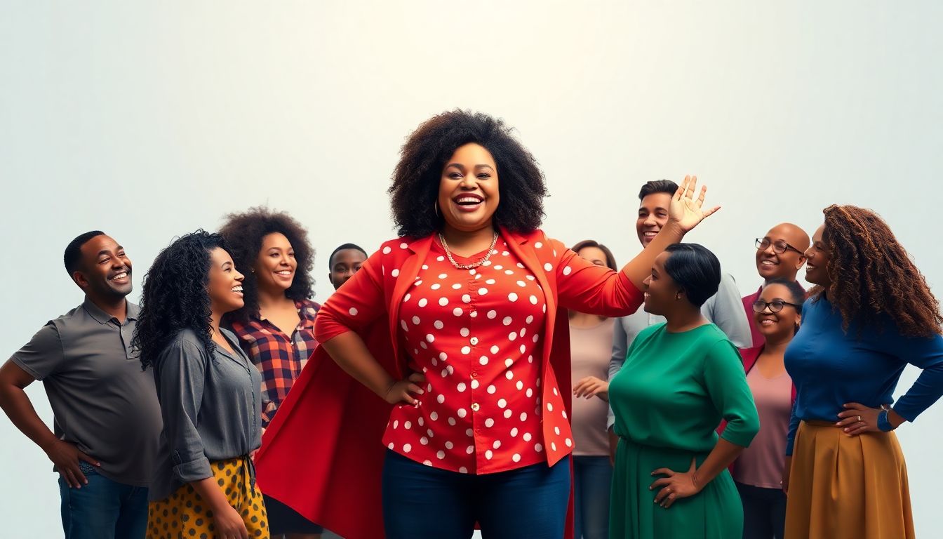 Design an image of Michelle Buteau as a superhero, using her comedy as a power to bring people together. Show a diverse group of people united by laughter, with Buteau at the center, spreading joy and positivity.