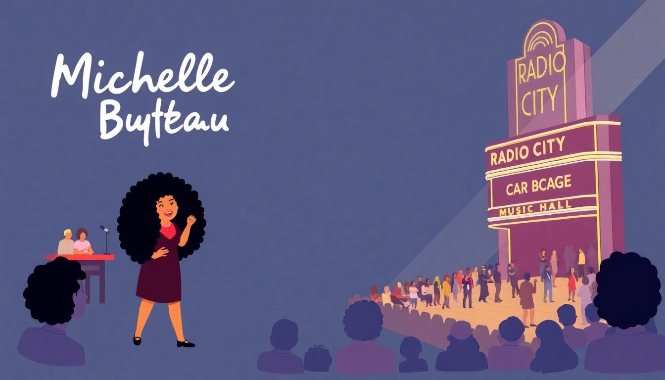 Create an illustration of Michelle Buteau's journey, starting from small bar shows and leading to her groundbreaking performance at Radio City Music Hall. Include visual representations of her growth and the love she has for her audience.