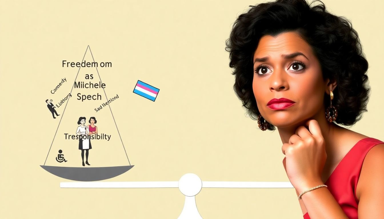 Create a visual representation of a scale, with one side labeled 'Freedom of Speech' and the other 'Responsibility.' Include symbols representing comedy, diversity, and the transgender community, with a thoughtful expression on Michelle Buteau's face as she considers the balance.