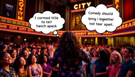 Generate an image of Michelle Buteau performing on stage at Radio City Music Hall, with a diverse audience laughing and enjoying the show. Include a thought bubble above Michelle's head with the words 'Comedy should bring us together, not tear us apart.' The stage should be vibrant and full of life, reflecting Michelle's energetic personality.