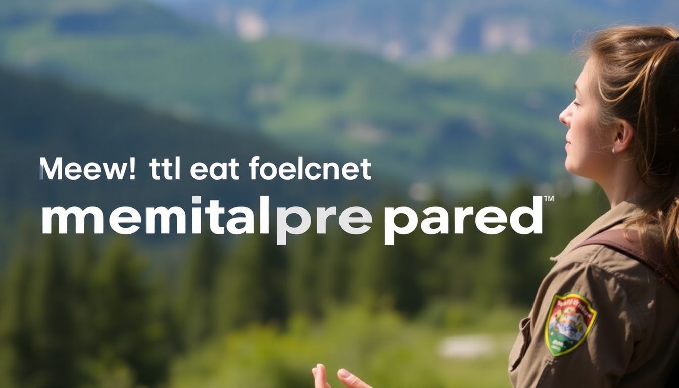 Show a National Park Service employee practicing mindfulness or another coping skill in a serene natural setting, emphasizing the importance of mental preparedness.