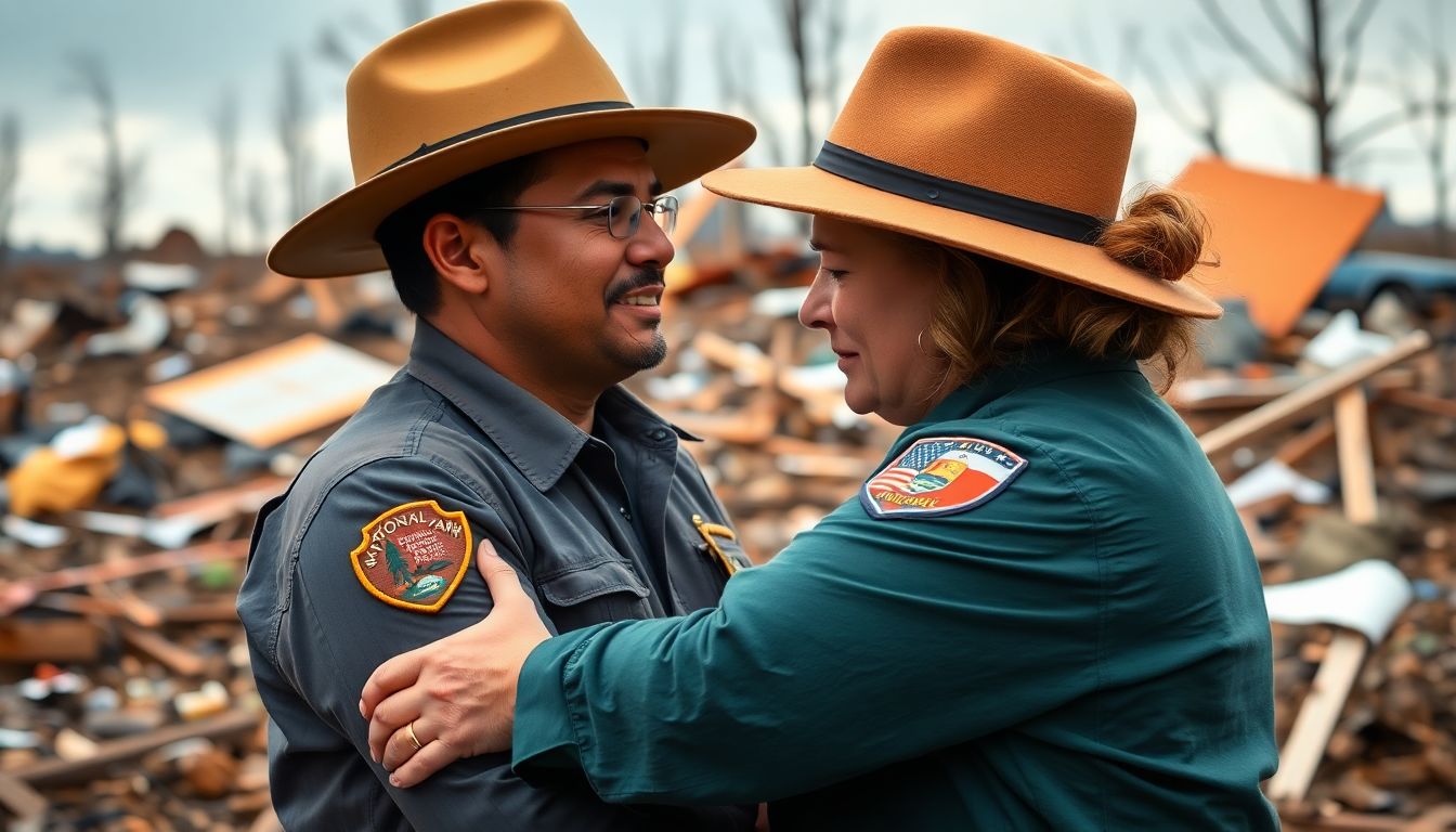 Create an image of a National Park Service employee comforting a colleague against the backdrop of a natural disaster, emphasizing the emotional support needed during such events.