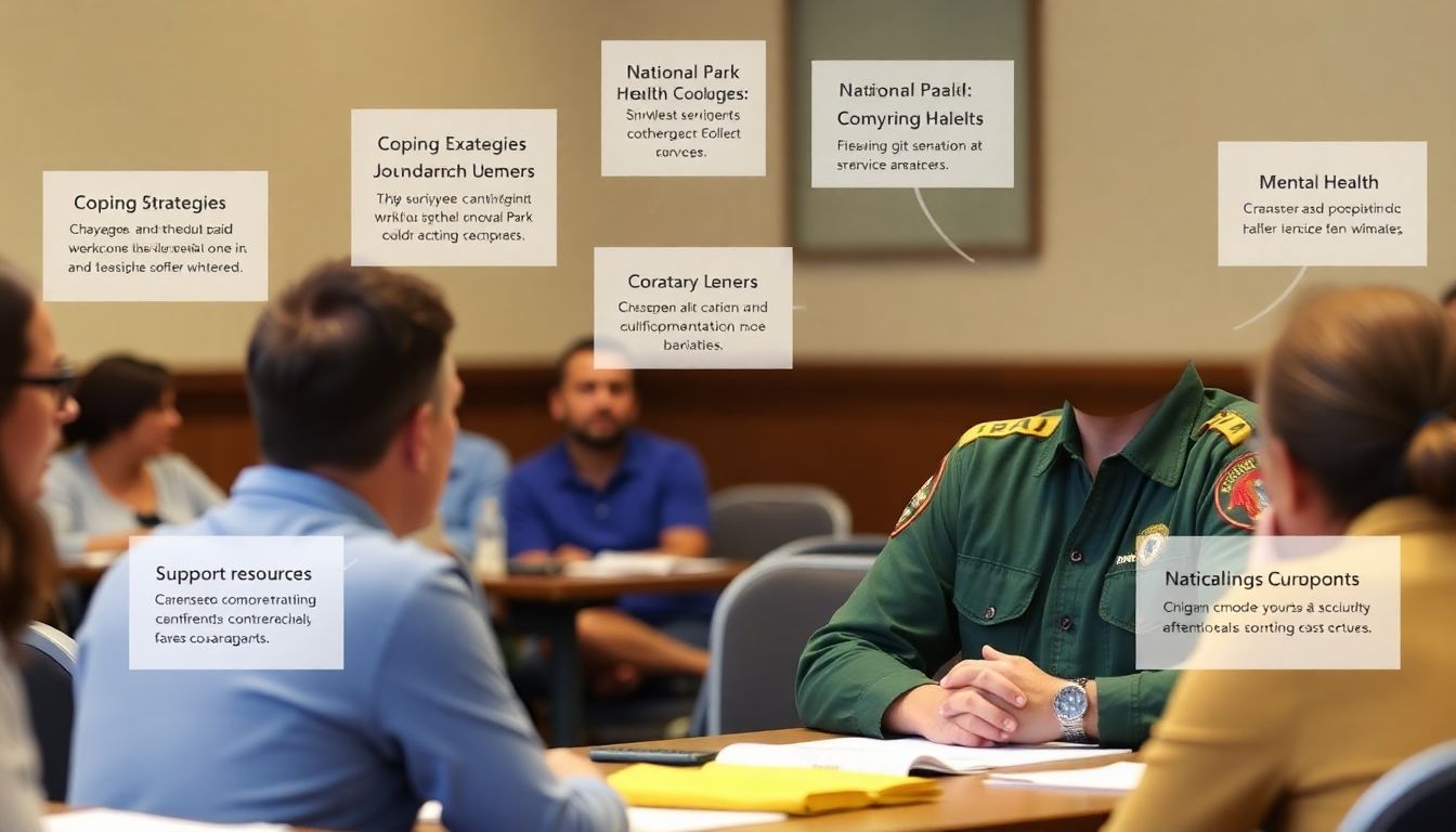 Depict a National Park Service employee participating in a mental health workshop, with visuals of coping strategies and support resources displayed around them.