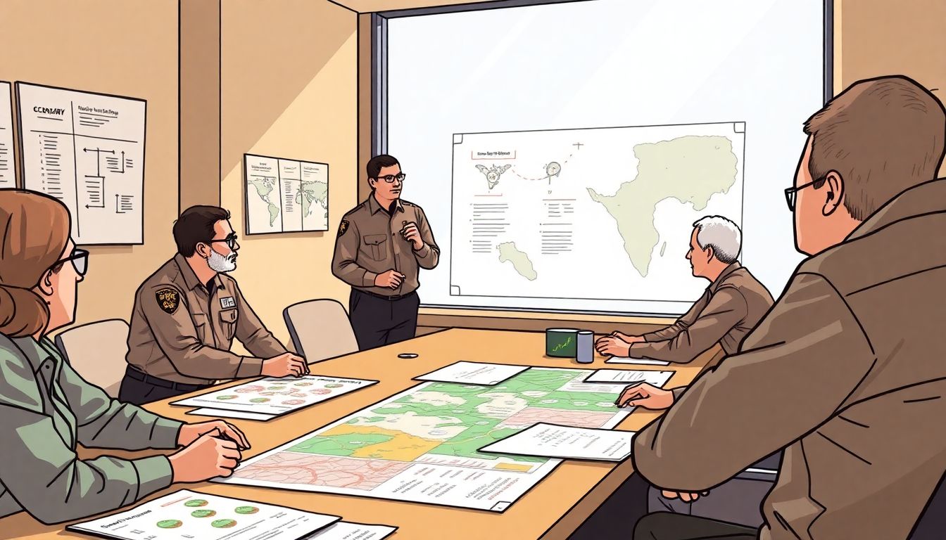 Illustrate a workshop setting where National Park Service employees are engaged in scenario planning, with maps and charts spread out on tables, and a sense of collaborative strategizing.