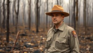 Generate an image of a National Park Service ranger standing amidst a burnt forest, with a thoughtful and determined expression, symbolizing the resilience and dedication of NPS employees in the face of disasters.