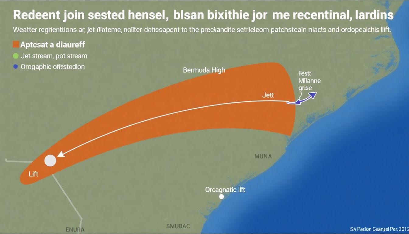 Create a diagram showing the weather conditions that led to extreme pre-hurricane rainfall across the Southern Appalachians during Helene, including the Bermuda High, jet stream, and orographic lift.