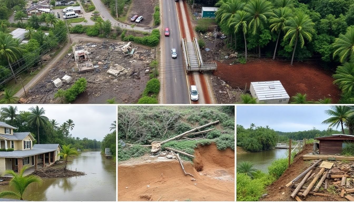 Show images of the aftermath of Hurricane Helene, including damaged infrastructure, landslides, and recovery efforts.