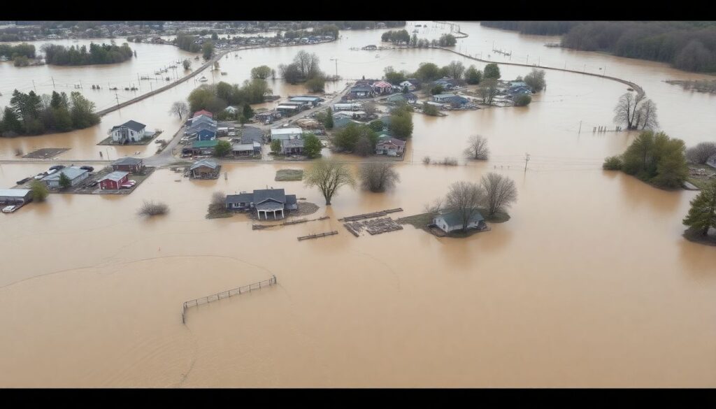 Create an image depicting the extensive flooding across North Carolina at the end of September 2024, with rivers overflowing their banks and inundating towns with water, mud, and debris.