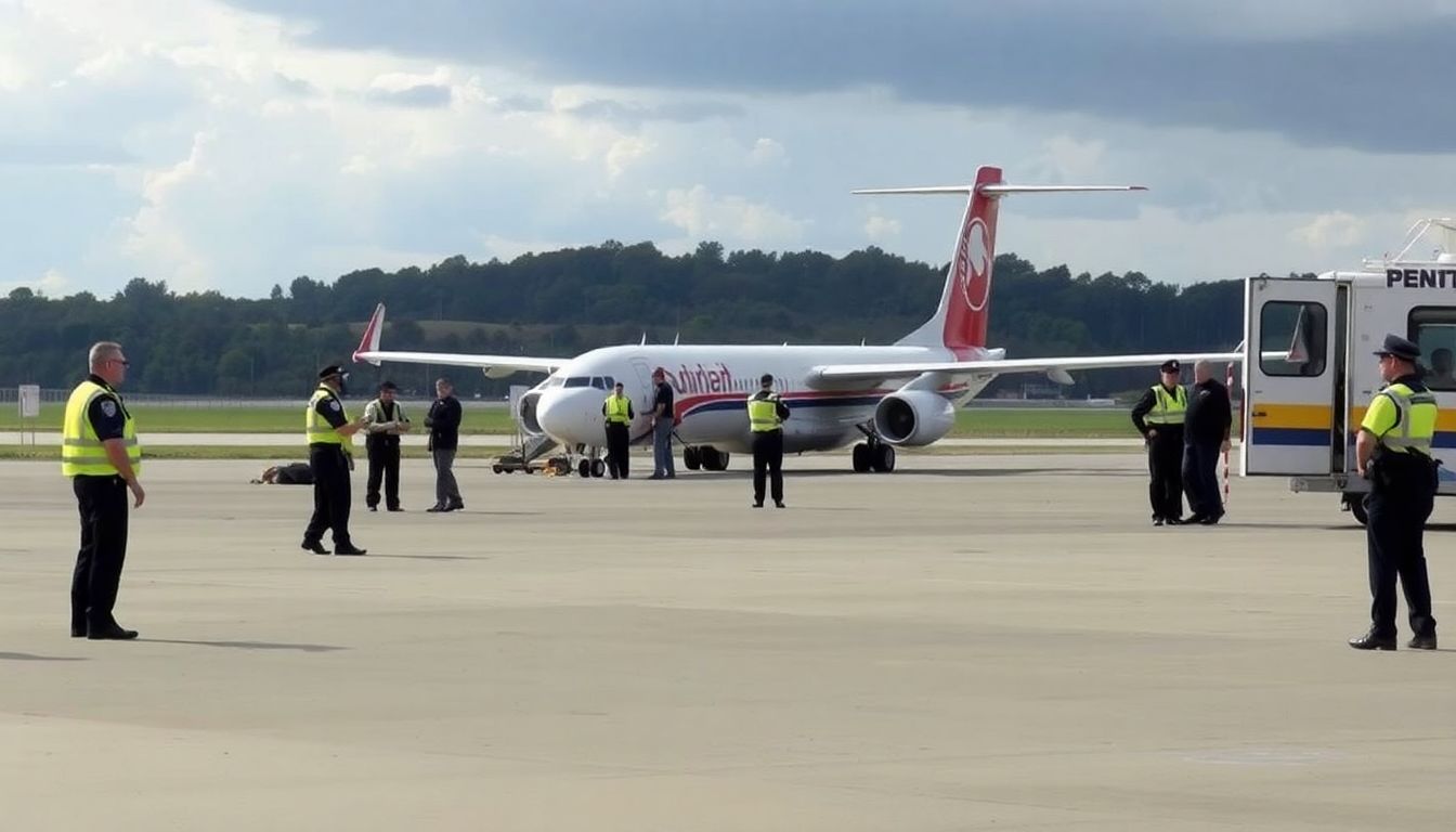 Depict the scene at the airport after the emergency landing, with police and airport officials present.