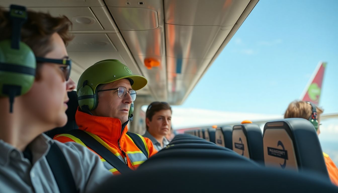 Show the flight crew in action, preparing for an emergency landing with passengers looking concerned.